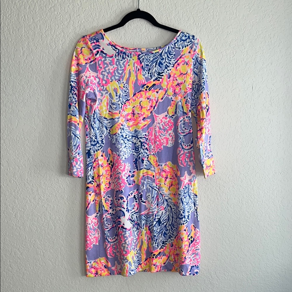 Lilly Pulitzer Lavender Floral Print Midi Dress with Pink and Yellow Accents